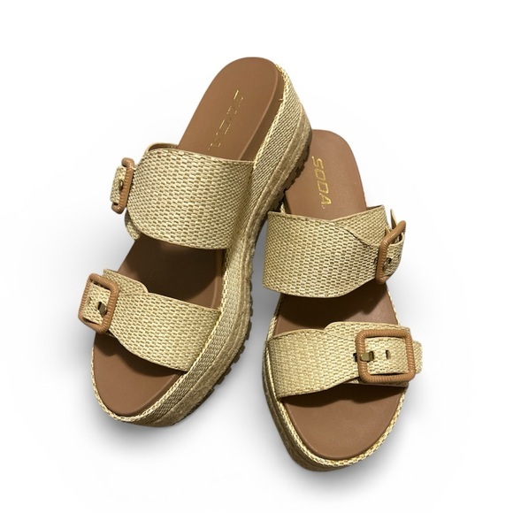 Soda Shoes - Soda Women Round Toe Double Buckle Strap Slip-On Platform Wedge Sandal